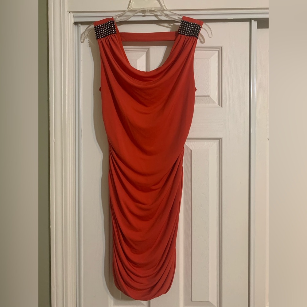 SWEET STORM Dress Watermelon Midi Length Size Lg Shoulder Embellishments Stretch